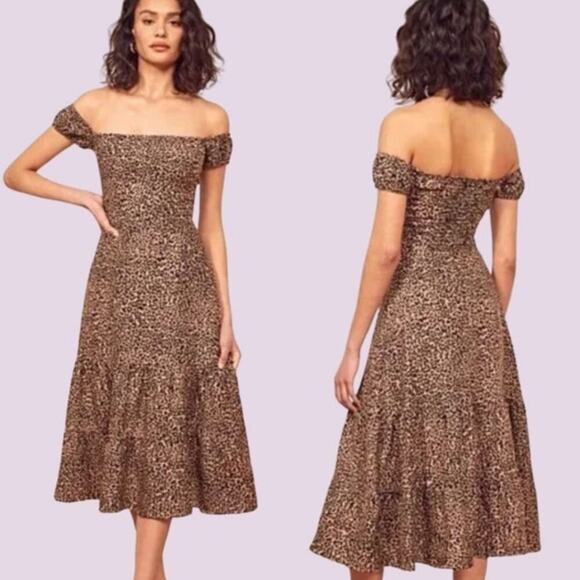 Reformation Toulouse Leopard Midi Dress Womens Sz 2 100% Linen Tiered Smocked - Picture 1 of 7